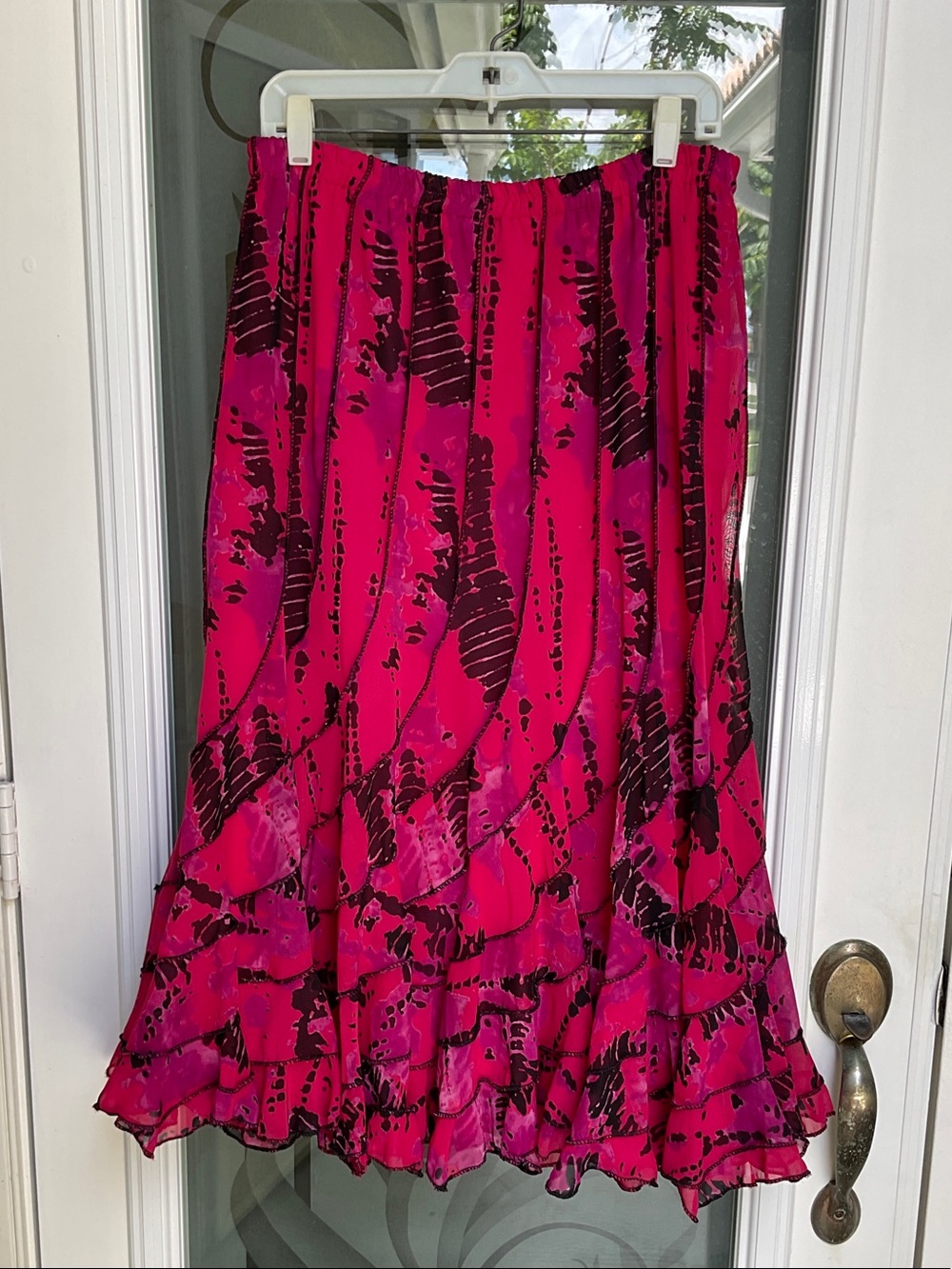 Bright Fuchsia Printed Ruffled Midi Skirt